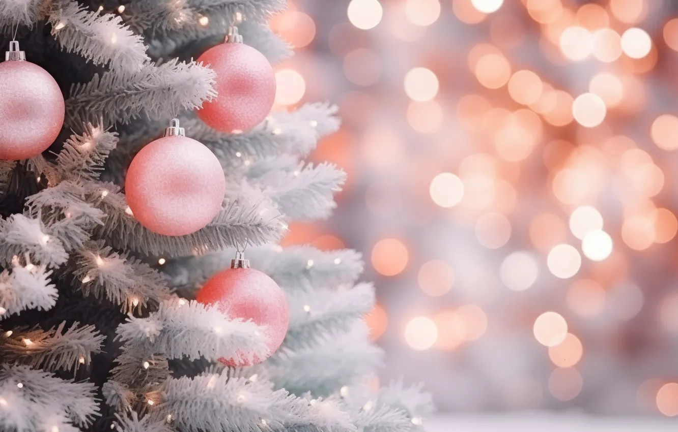 Photo wallpaper frost, balls, branches, lights, holiday, balls, new year, Christmas