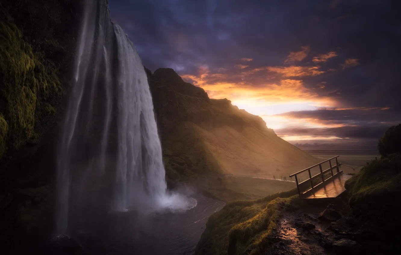 Photo wallpaper waterfall, rocks, Iceland, sunset