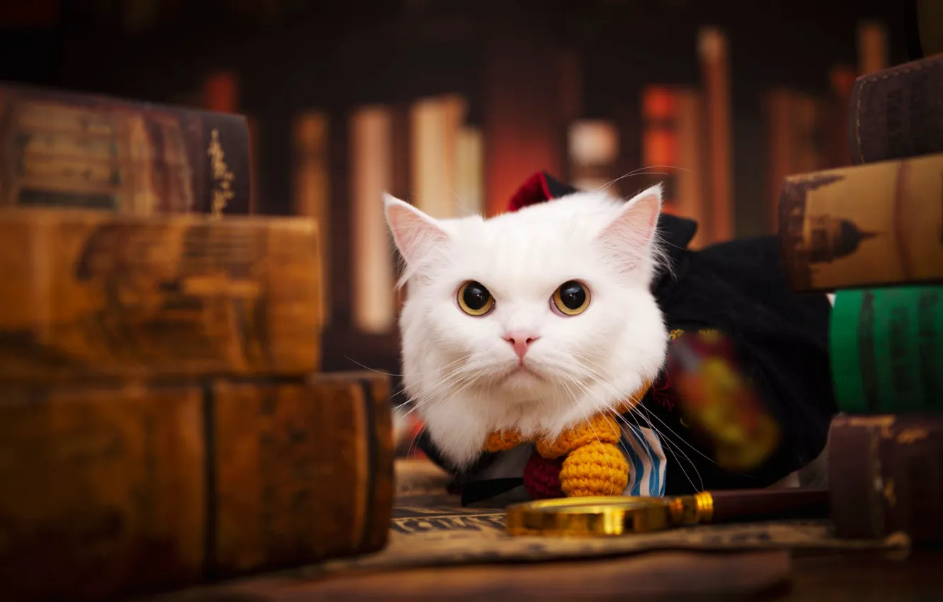 Photo wallpaper cat, white, cat, look, pose, lies, book, library