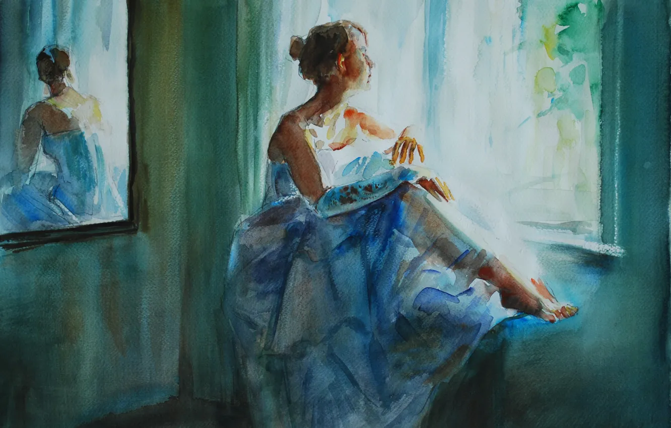 Photo wallpaper pose, stay, mirror, window, ballerina, Laszlo Gulyas, Laszlo Gulis, sitting on the windowsill