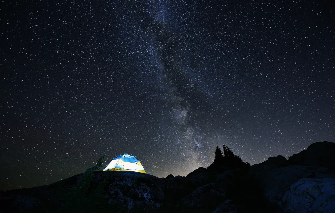 Photo wallpaper the sky, stars, mountains, night, tent, the milky way