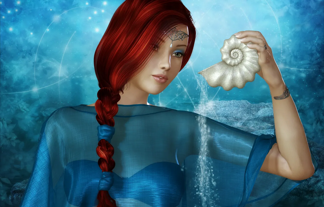 Photo wallpaper look, water, girl, decoration, face, background, lights, shell