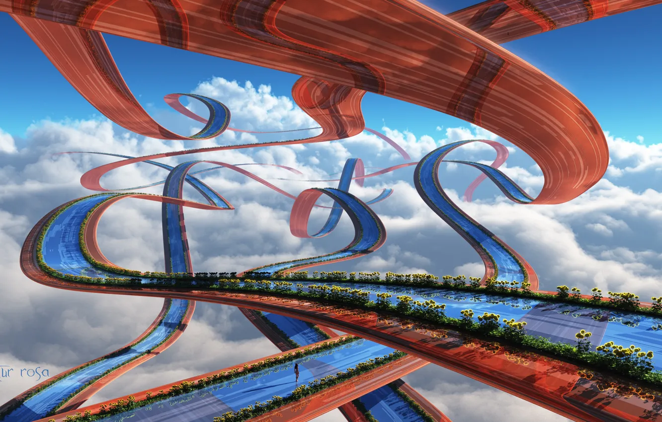 Photo wallpaper clouds, sunflowers, road, in the sky, render
