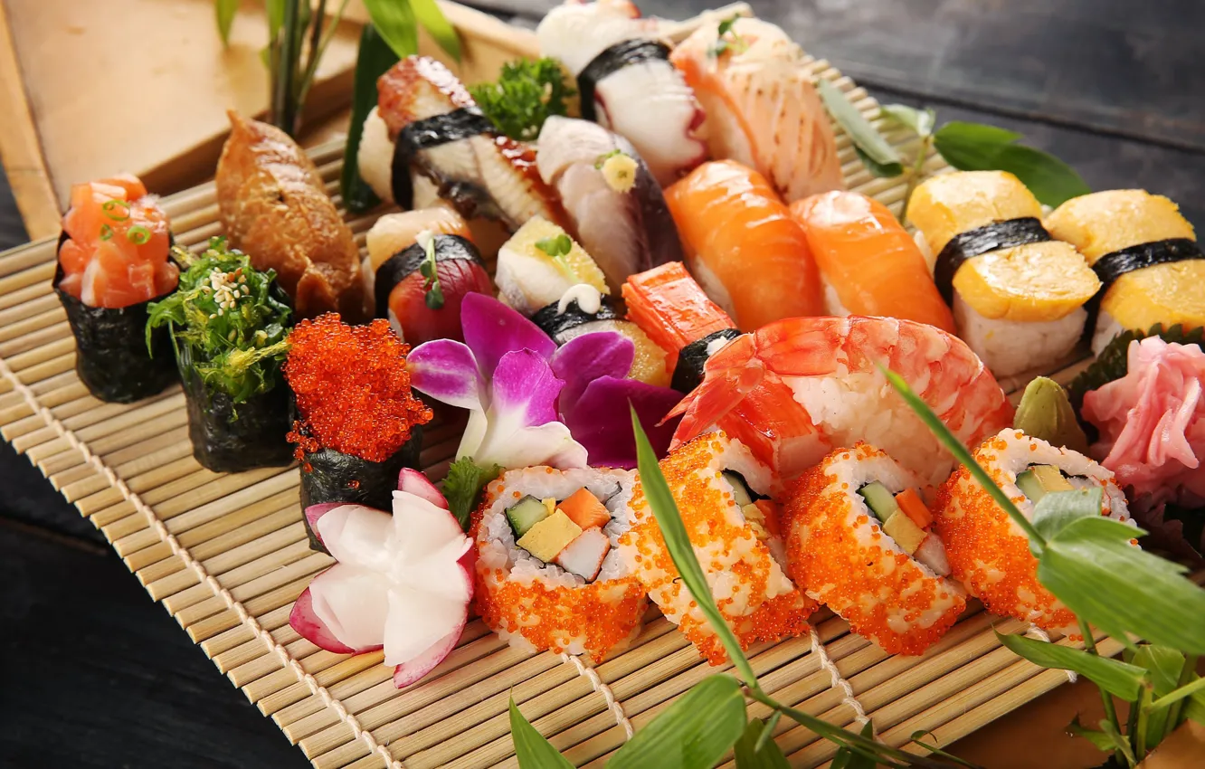 Photo wallpaper flowers, caviar, sushi, rol