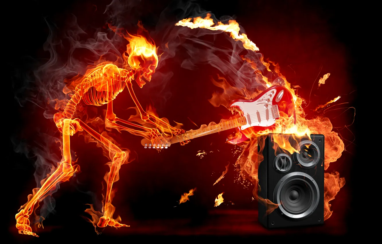 Photo wallpaper fire, guitar, skeleton, rock