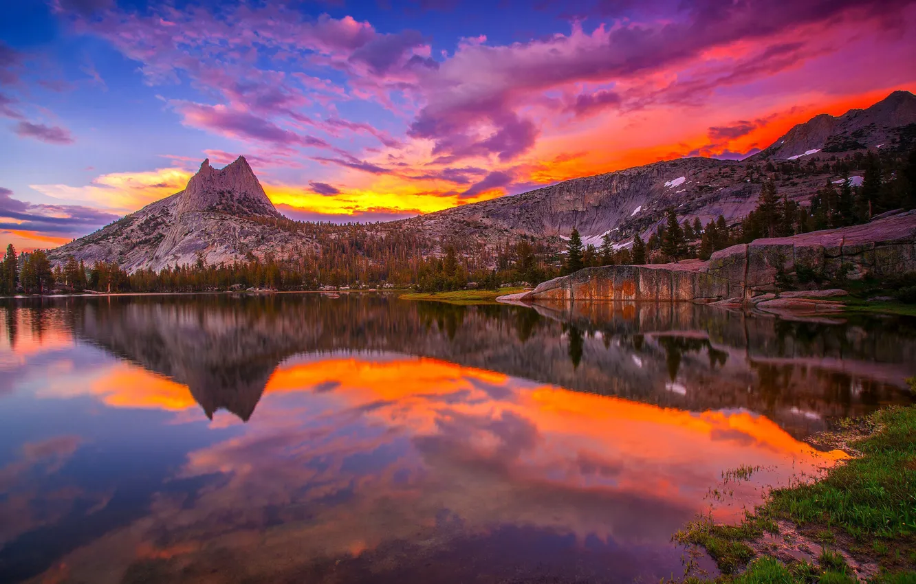 Photo wallpaper sunset, mountains, lake, reflection, USA, Yosemite, national Park, California