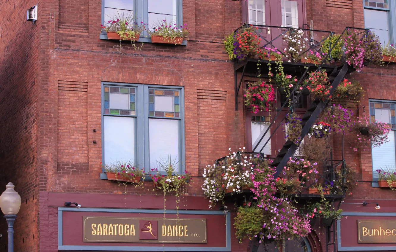 Photo wallpaper building, New York, balcony, USA, USA, flowers, New York, flowers
