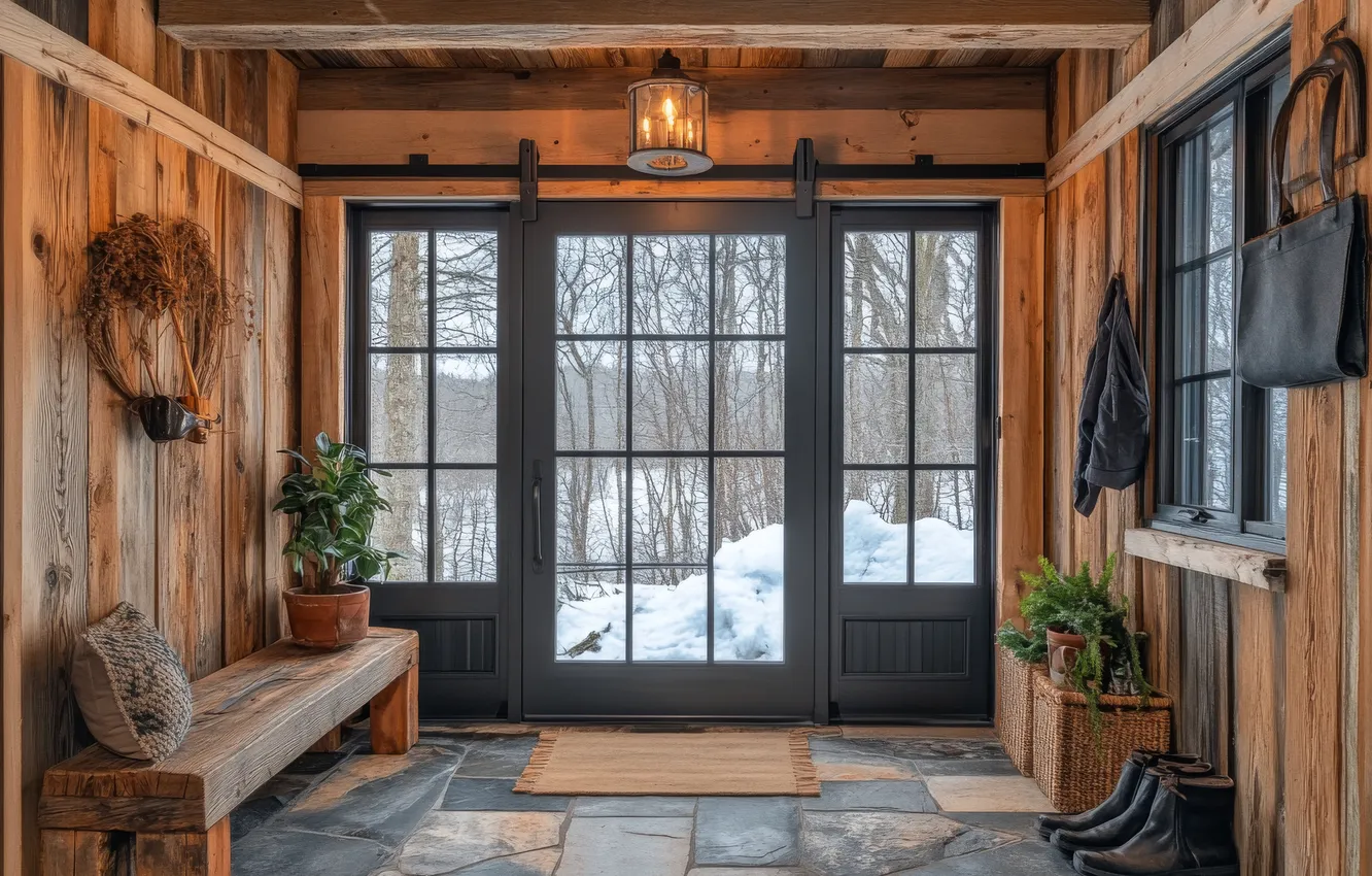 Photo wallpaper winter, snow, comfort, wall, clothing, tile, furniture, plant