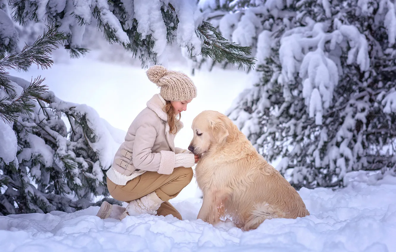 Photo wallpaper winter, snow, dog, girl, friends, Victoria Dubrovskaya