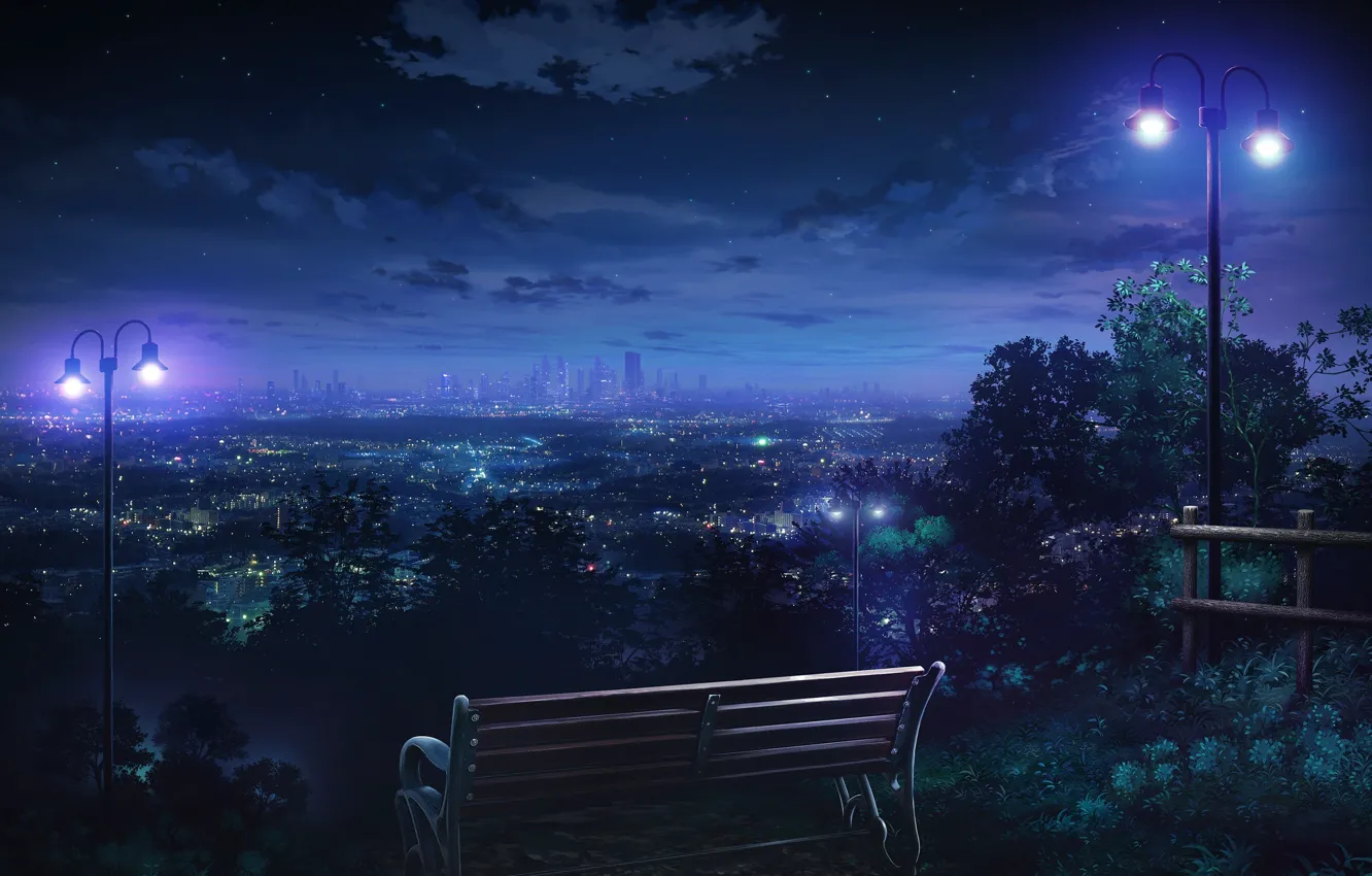 Photo wallpaper the sky, stars, clouds, bench, night, the city, lights, home