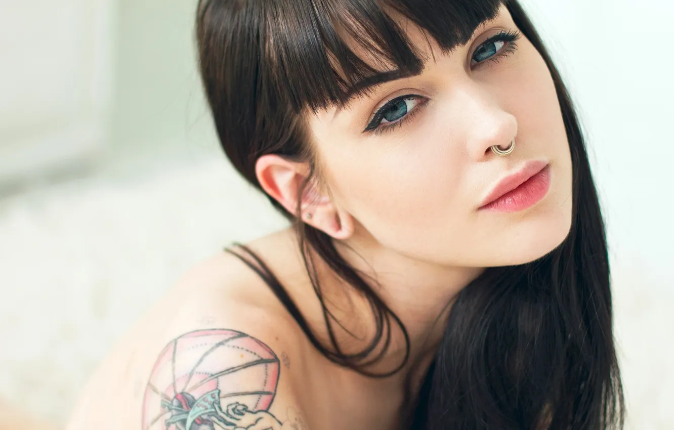Photo wallpaper girl, photo, blue eyes, model, tattoo, brunette, portrait, closeup