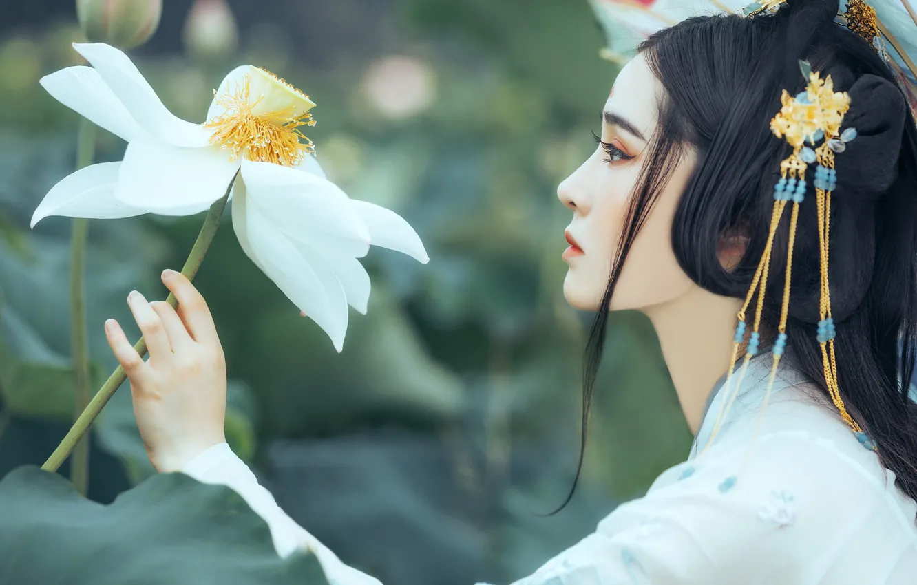 Photo wallpaper white, flower, look, leaves, girl, decoration, nature, face