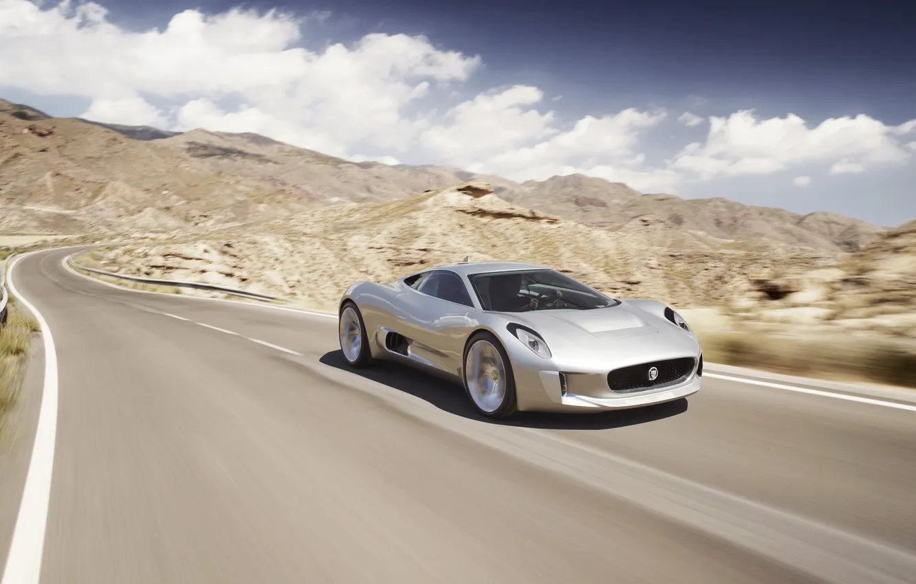 Photo wallpaper road, the sky, desert, speed, Jaguar, day