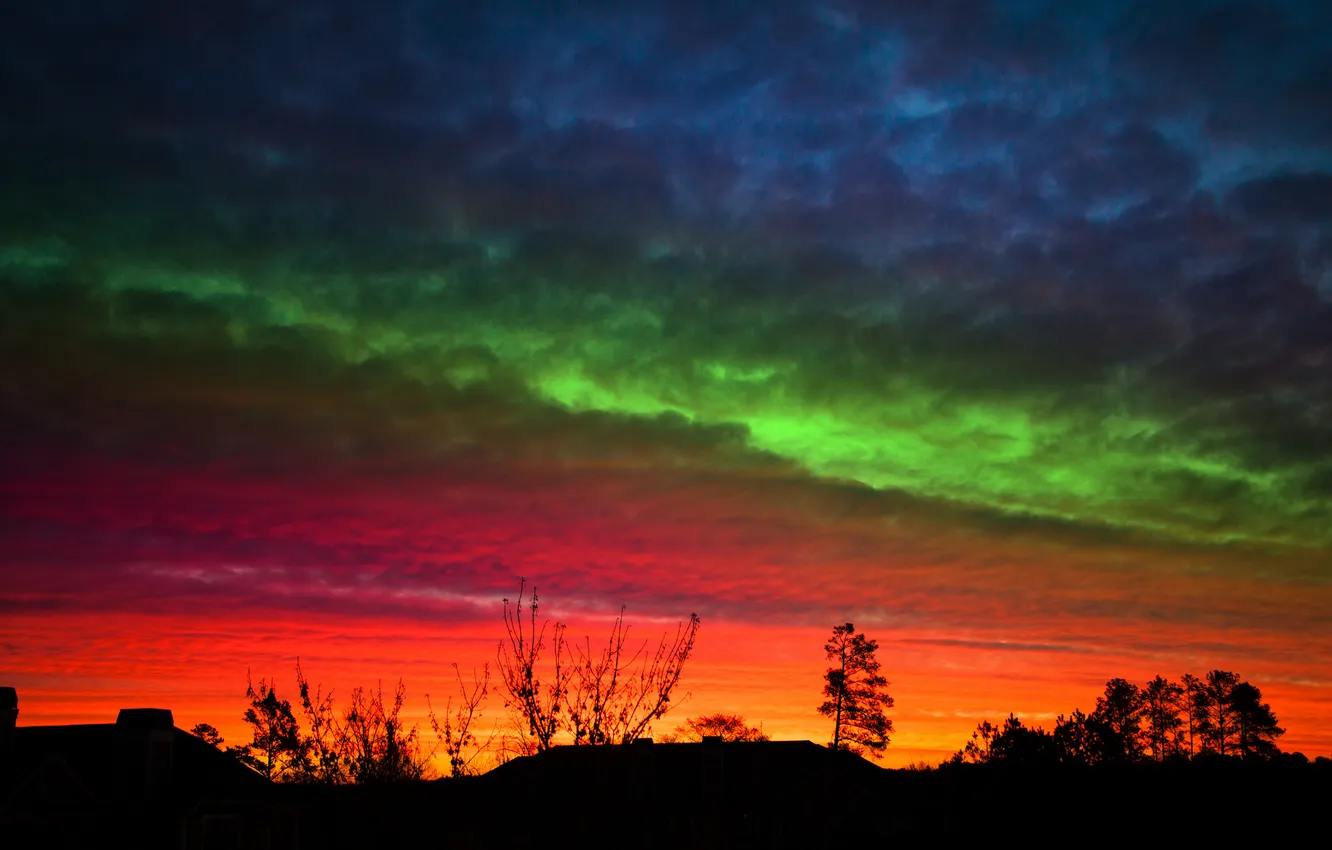 Photo wallpaper roof, the sky, clouds, trees, home, silhouette, glow