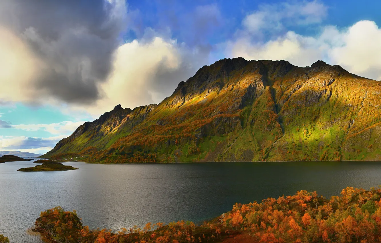 Photo wallpaper road, autumn, forest, the sky, clouds, trees, landscape, nature