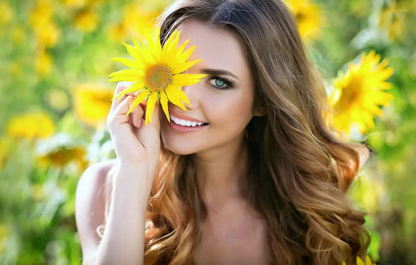 Photo wallpaper sunflowers, smile, blonde, flower in hand