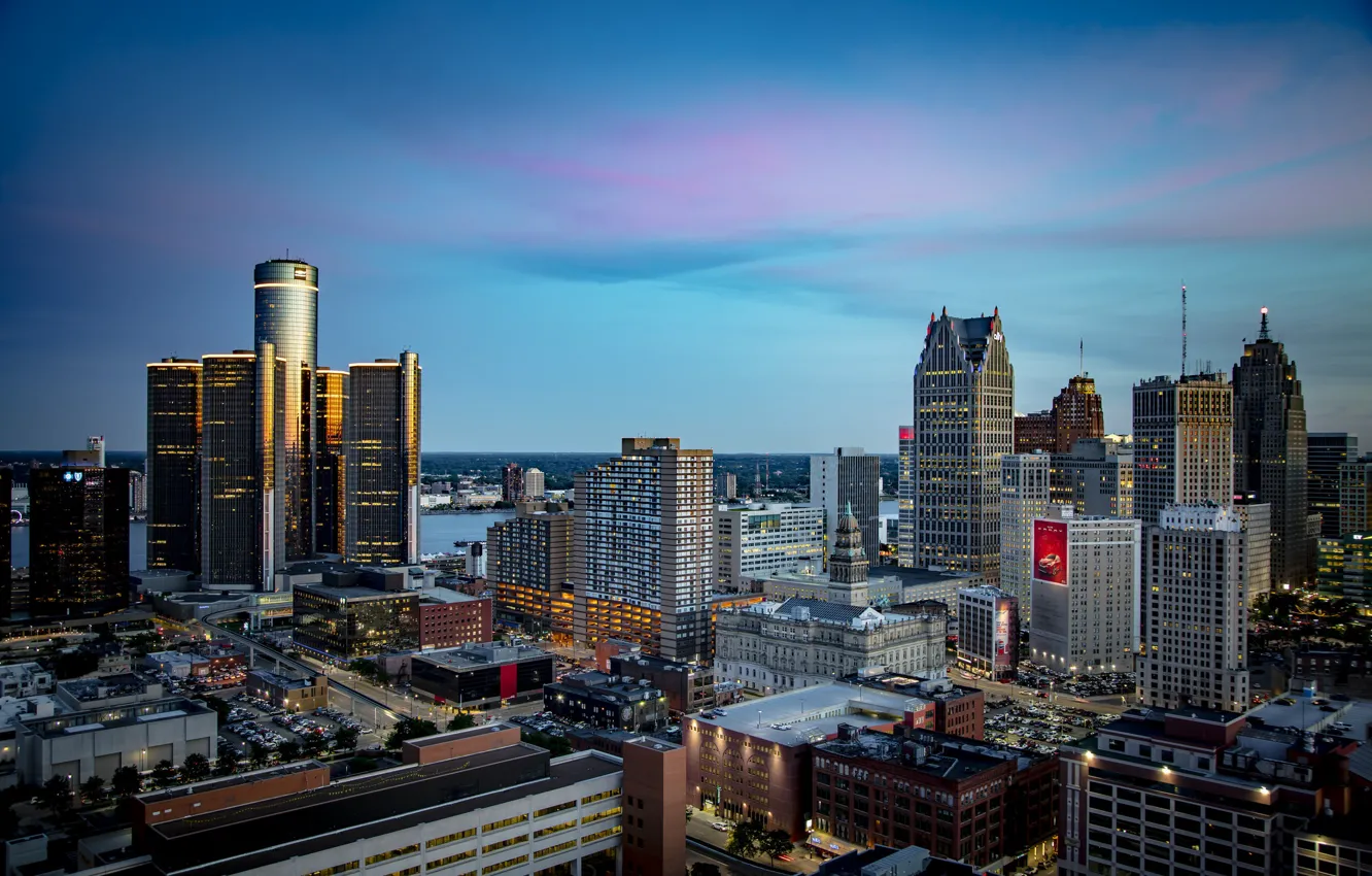 Photo wallpaper lights, skyscrapers, the evening, Detroit