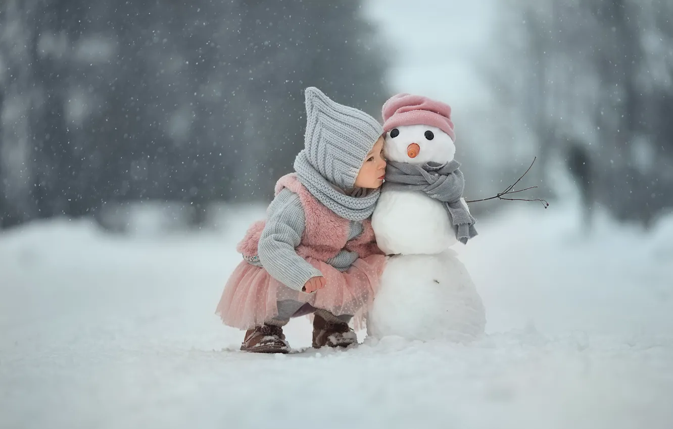 Photo wallpaper winter, snow, each, girl, snowman, Secret