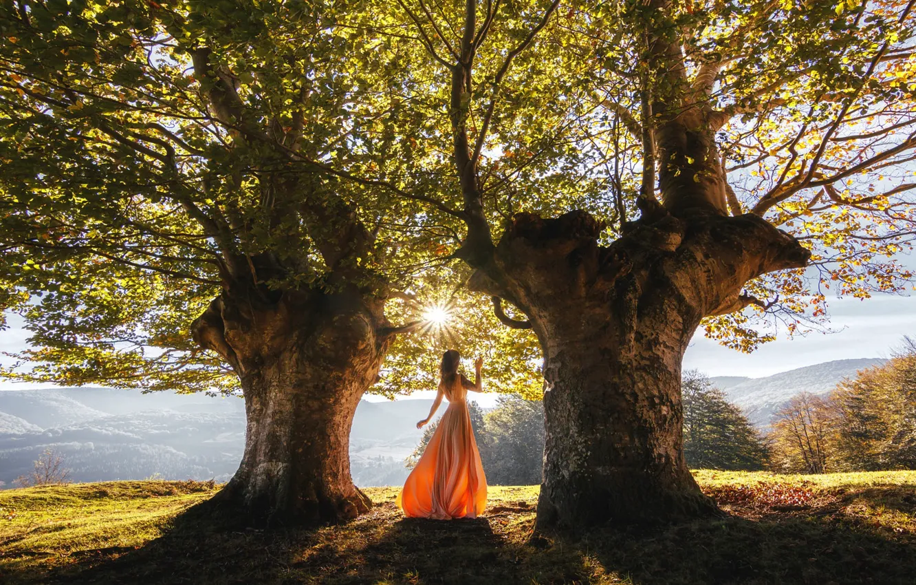 Photo wallpaper girl, the sun, clouds, light, trees, mountains, orange, nature