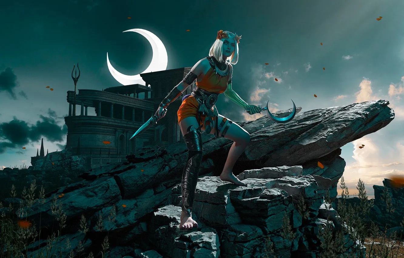 Photo wallpaper rock, the game, a month, costume, dagger, hammer, the heroine, cosplay