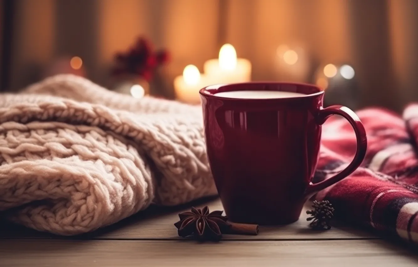 Photo wallpaper winter, comfort, heat, candles, mug, Cup, drink, cinnamon