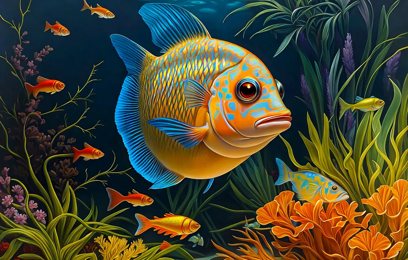 Photo wallpaper water, fish, algae, nature, fish, painting, underwater world, pond