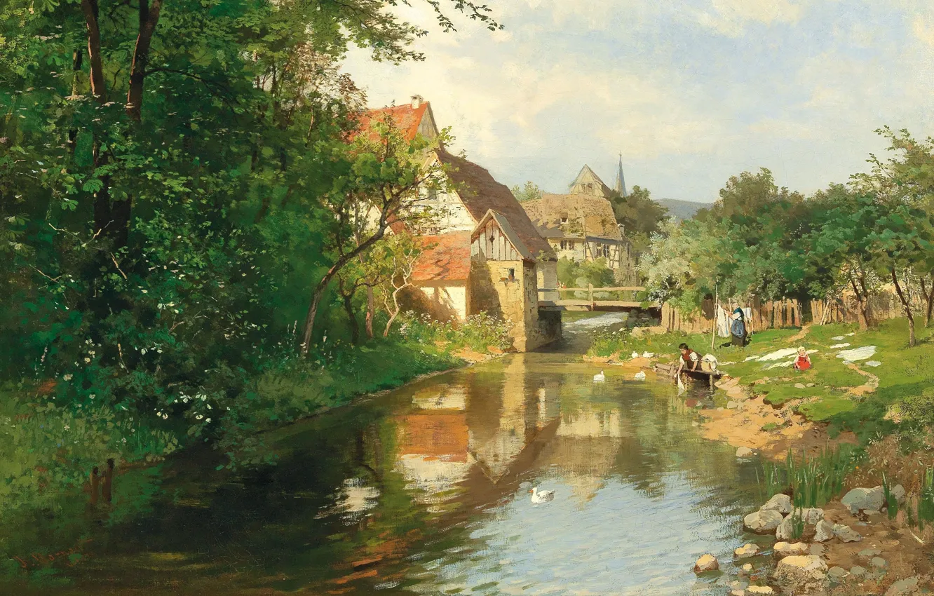 Photo wallpaper 1874, Austrian painter, Austrian landscape painter, oil on canvas, Hugo Darnaut, Village on the river, …
