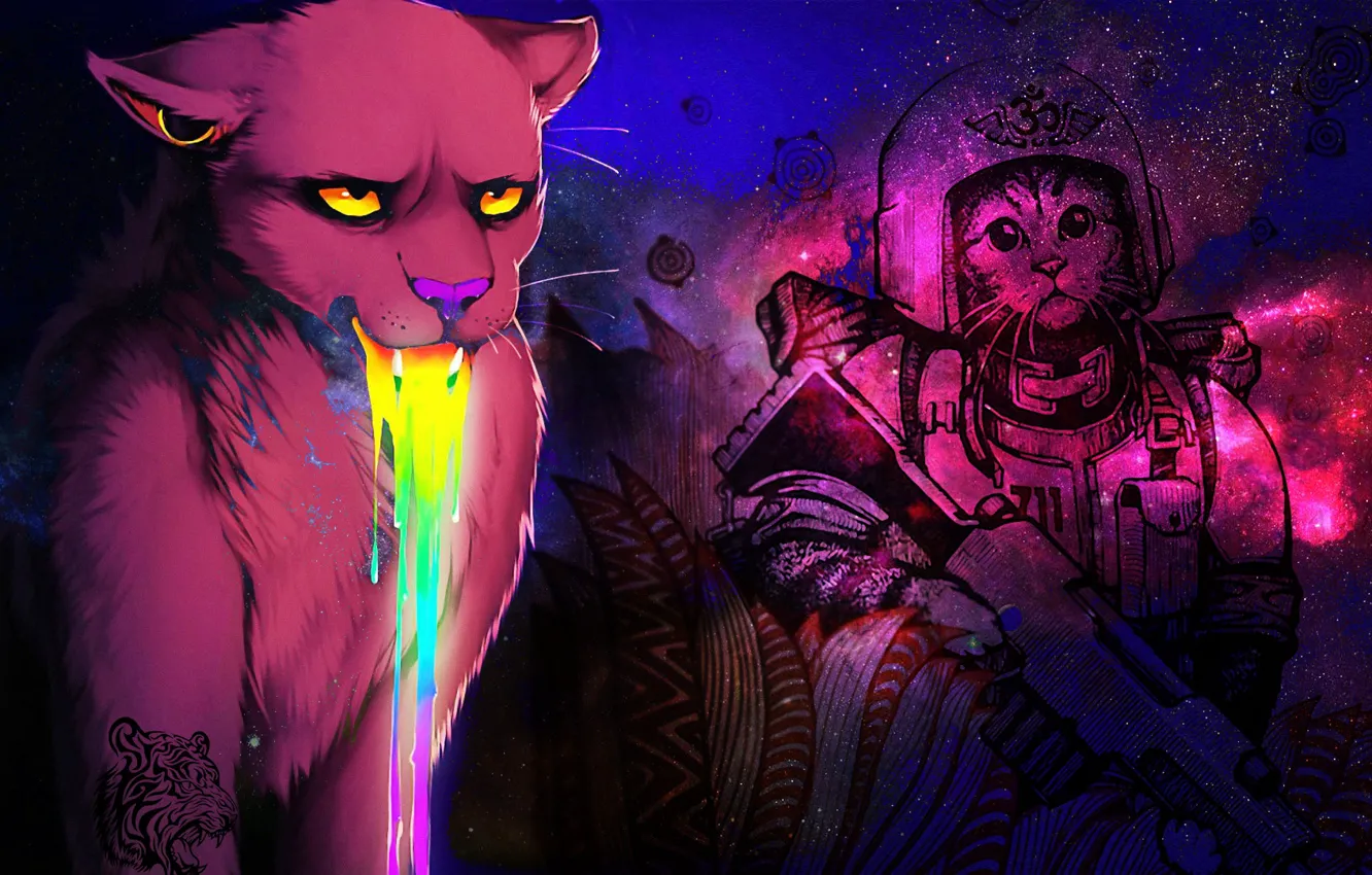 Photo wallpaper eyes, cat, space, weapons, color, beauty, rainbow, the suit