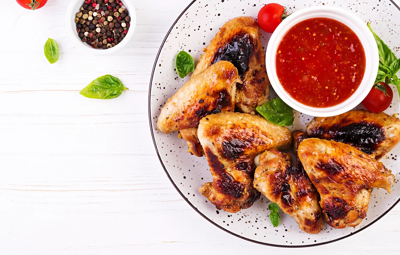 Photo wallpaper table, chicken, meat, pepper, wings, vegetables, tomatoes, sauce