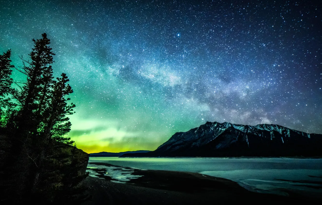 Photo wallpaper Milky Way, Aurora, nature, lake, ocean, moutain