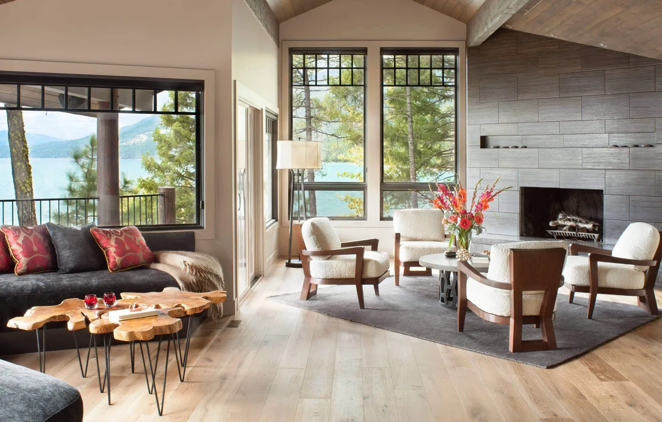 Photo wallpaper design, style, interior, fireplace, USA, United States, living room, Montana