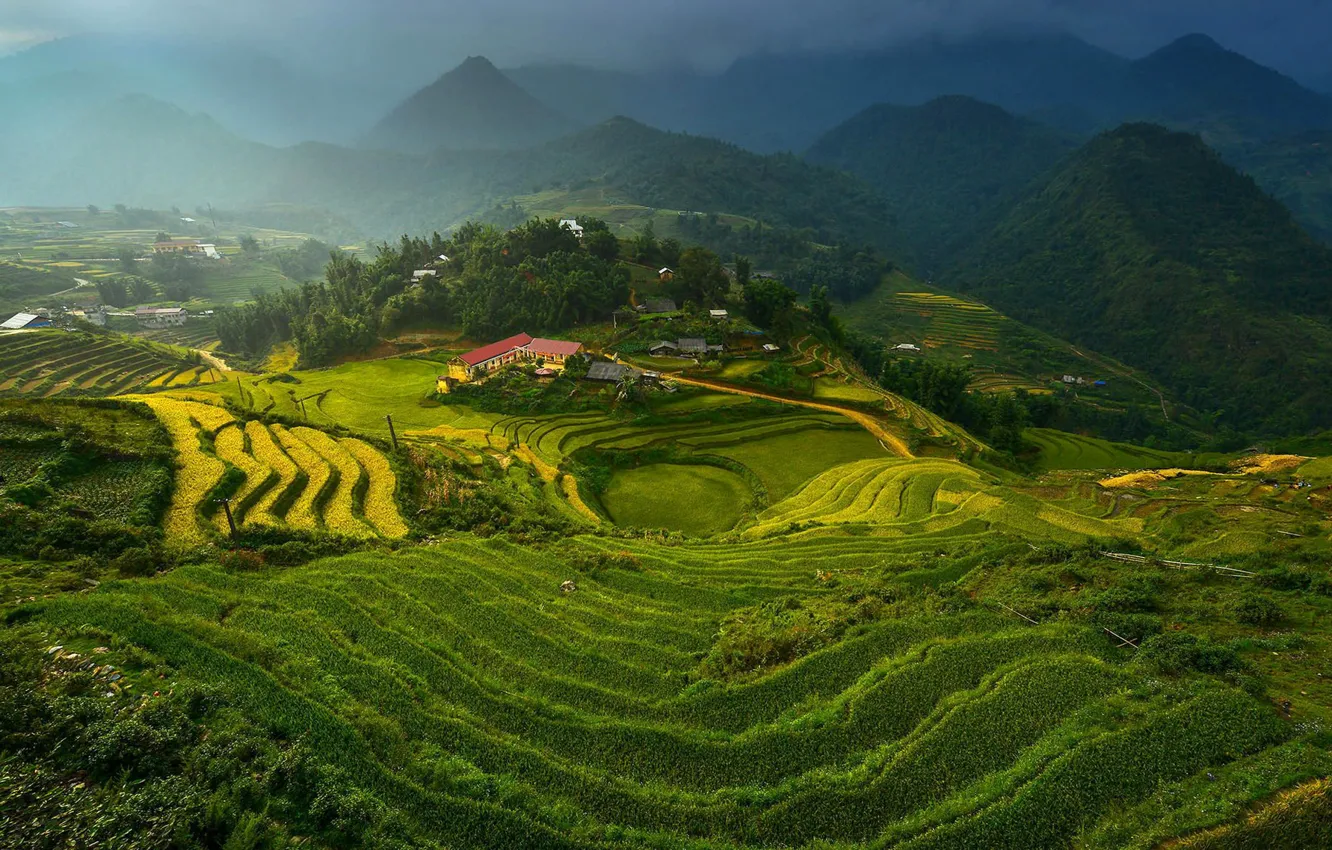Photo wallpaper clouds, mountains, figure, terrace, vietnam, rice terraces, Vietnam