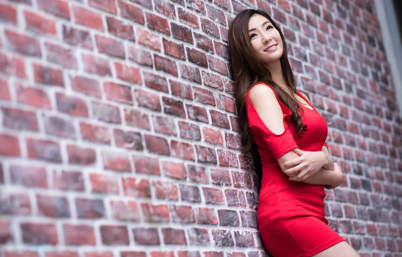 Photo wallpaper girl, wall, Asian, cutie