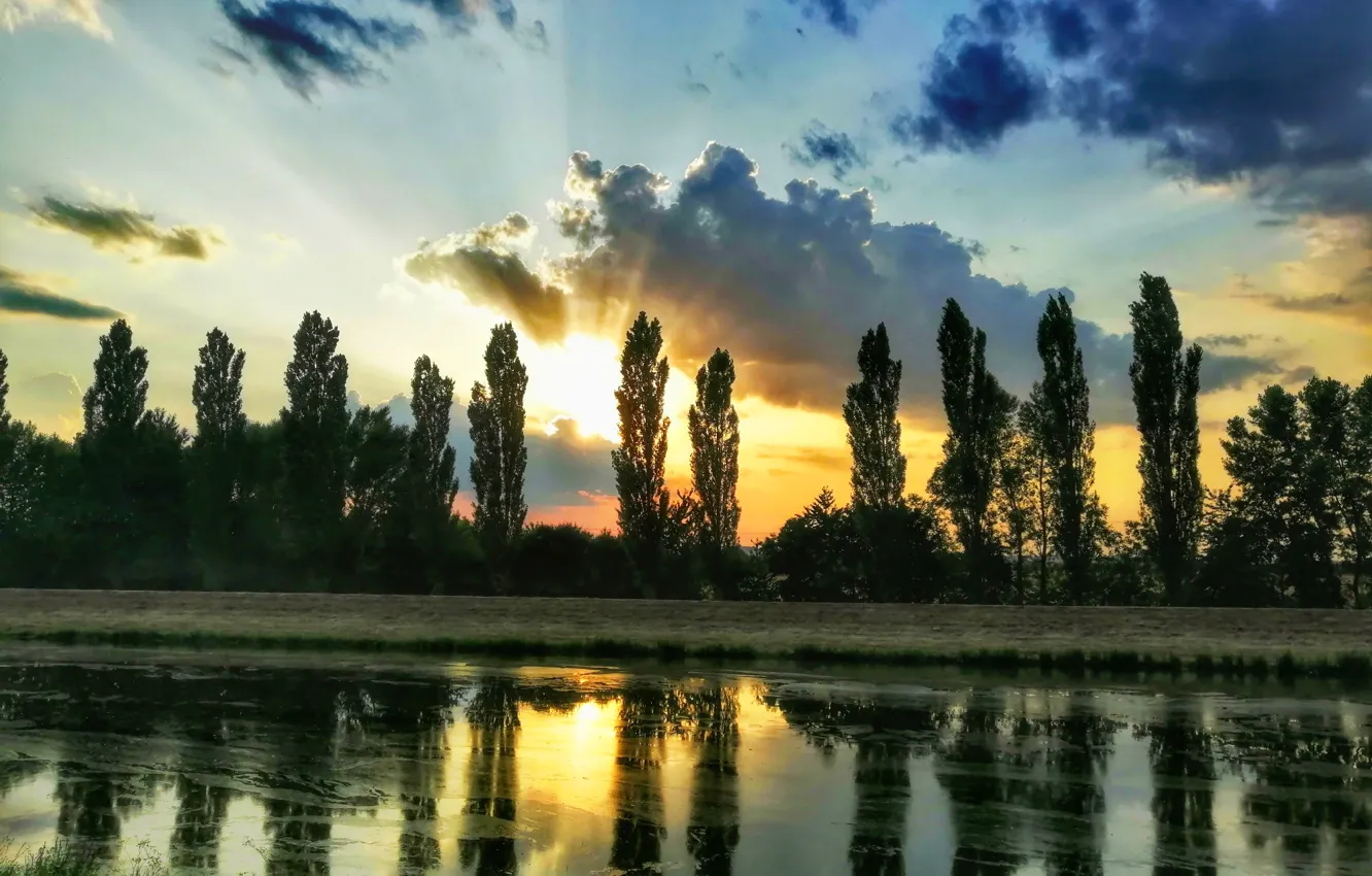 Photo wallpaper river, sunset, sun, clouds sky