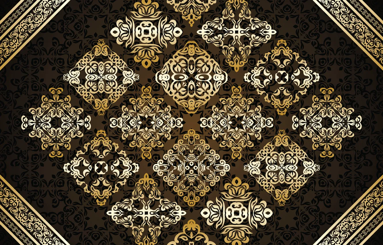 Photo wallpaper flowers, background, gold, pattern, black, texture