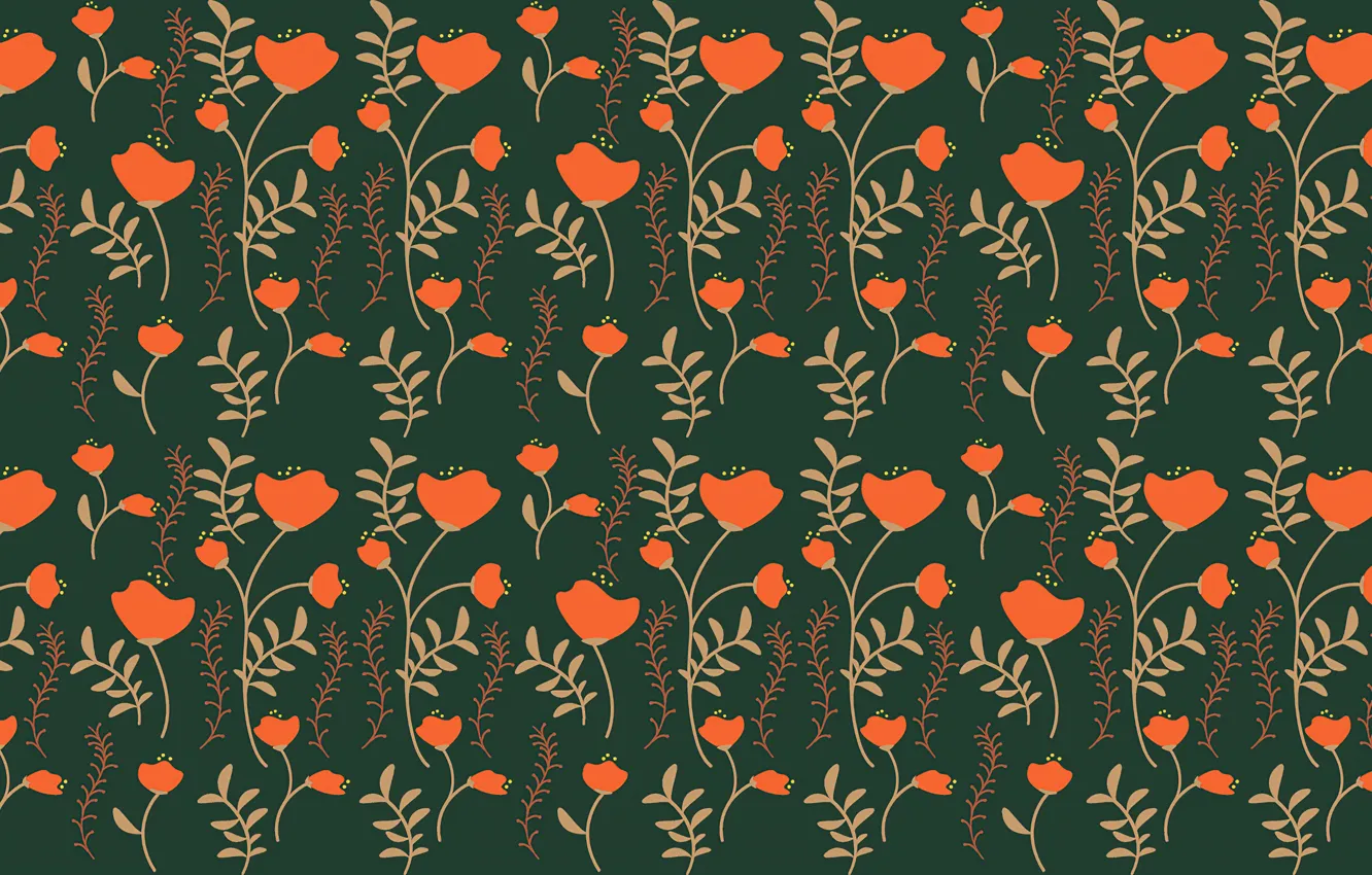 Photo wallpaper leaves, flowers, background, dark green, pattern, texture, orange, ornament