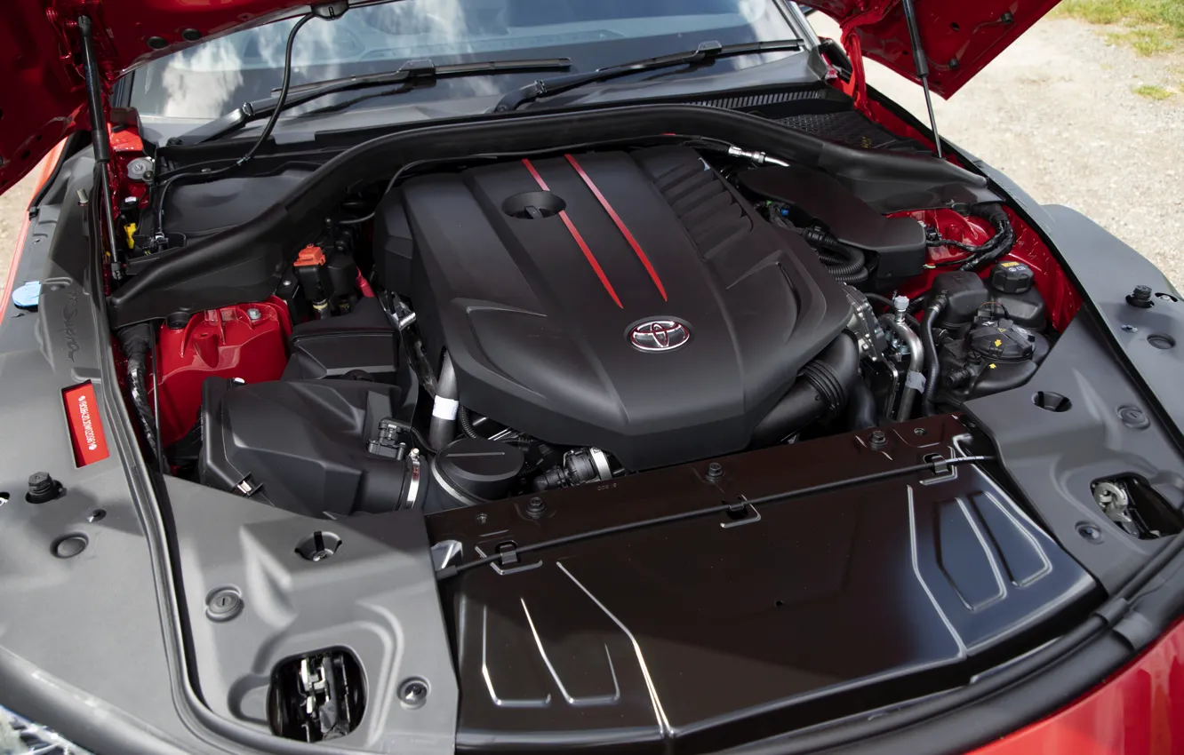 Photo wallpaper coupe, Toyota, Supra, the fifth generation, mk5, double, under the hood, 2019