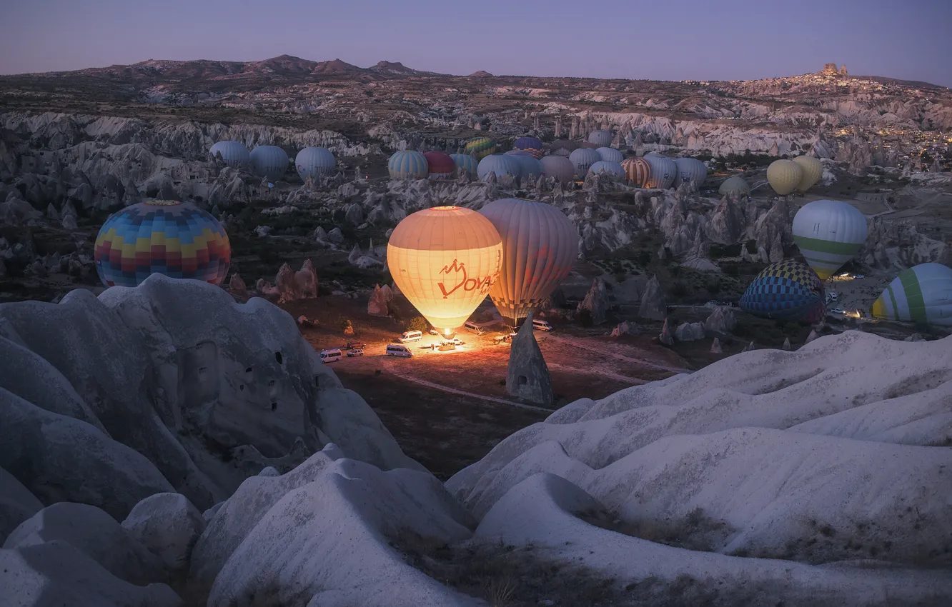Photo wallpaper landscape, nature, balloons, morning, Turkey, Cappadocia, tuff