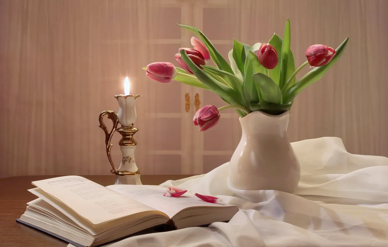 Photo wallpaper mood, romance, candle, bouquet, tulips, book