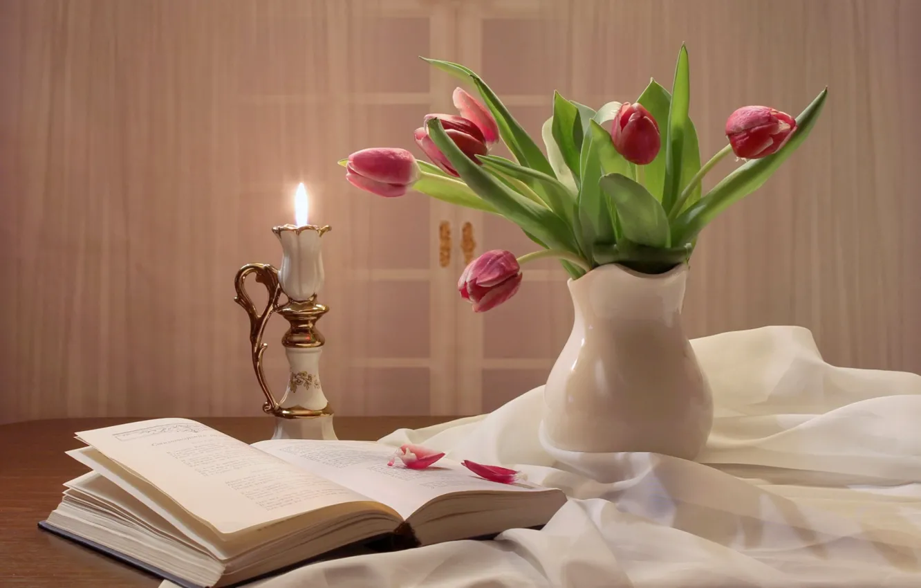 Photo wallpaper mood, romance, bouquet, candles, tulips, book