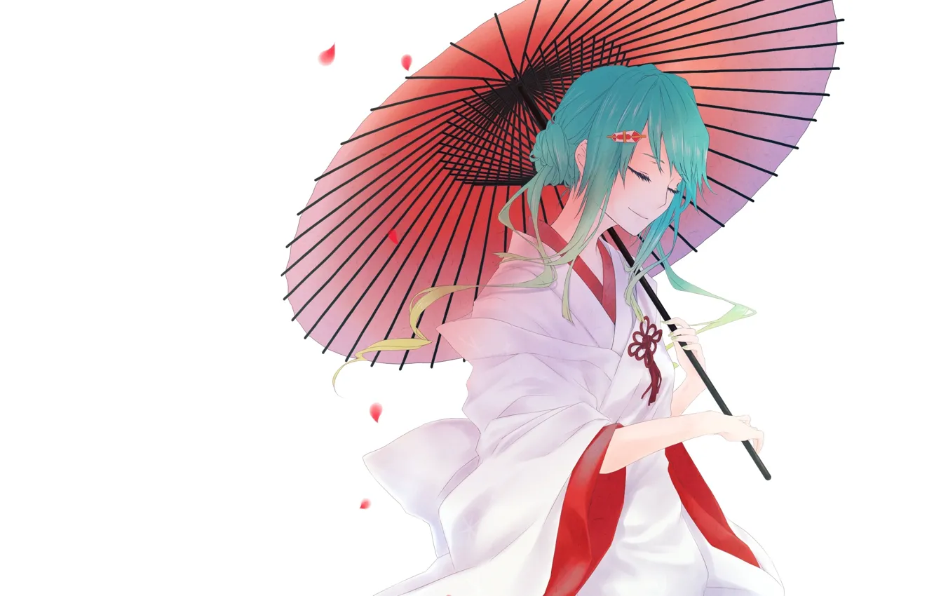Photo wallpaper umbrella, petals, white background, kimono, vocaloid, Hatsune Miku, Vocaloid, blue hair
