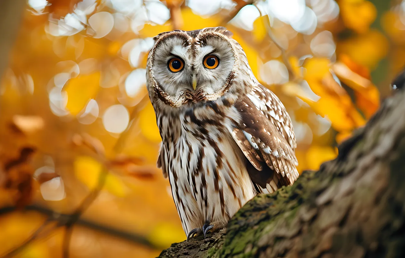 Photo wallpaper autumn, look, trees, branches, nature, pose, owl, bird