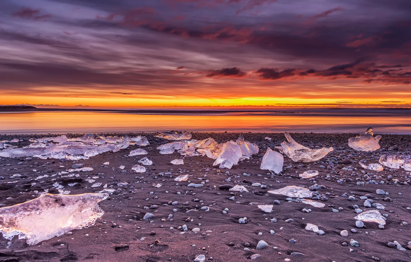 Photo wallpaper ice, winter, sand, the sky, clouds, sunset, mountains, clouds