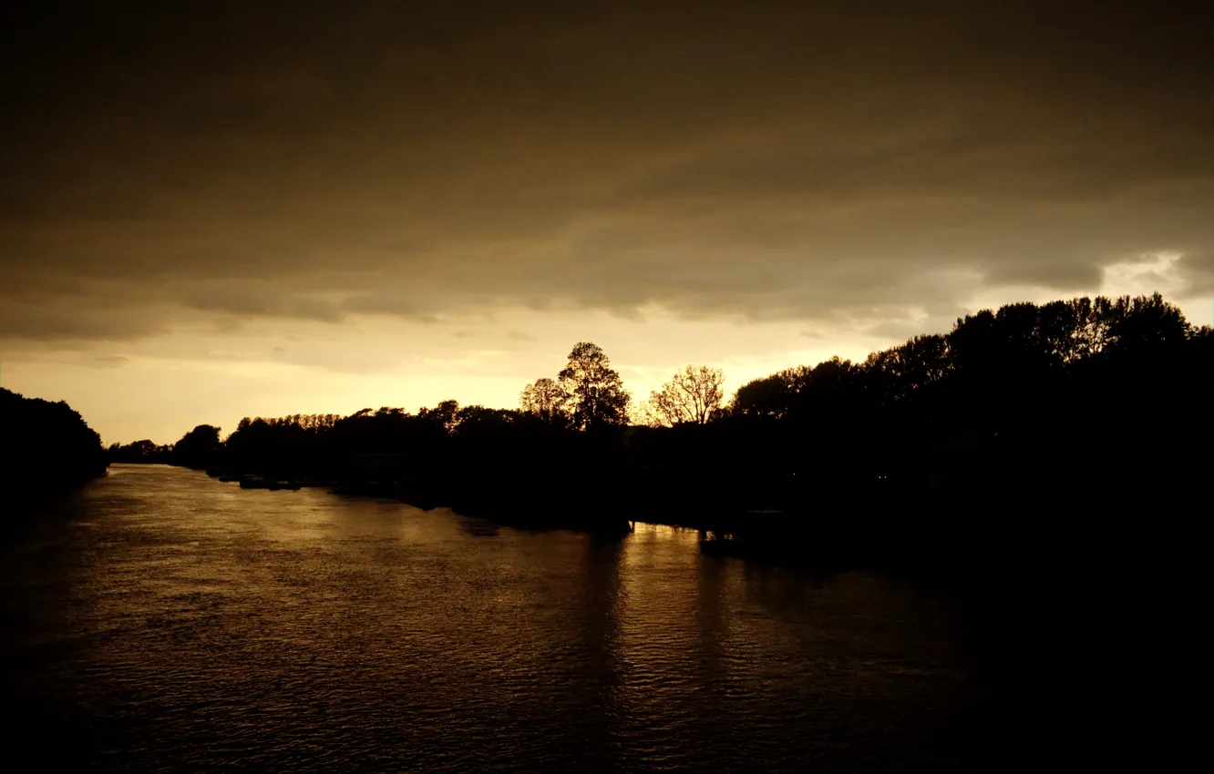 Photo wallpaper the sky, water, clouds, trees, sunset, river, the evening, ruffle