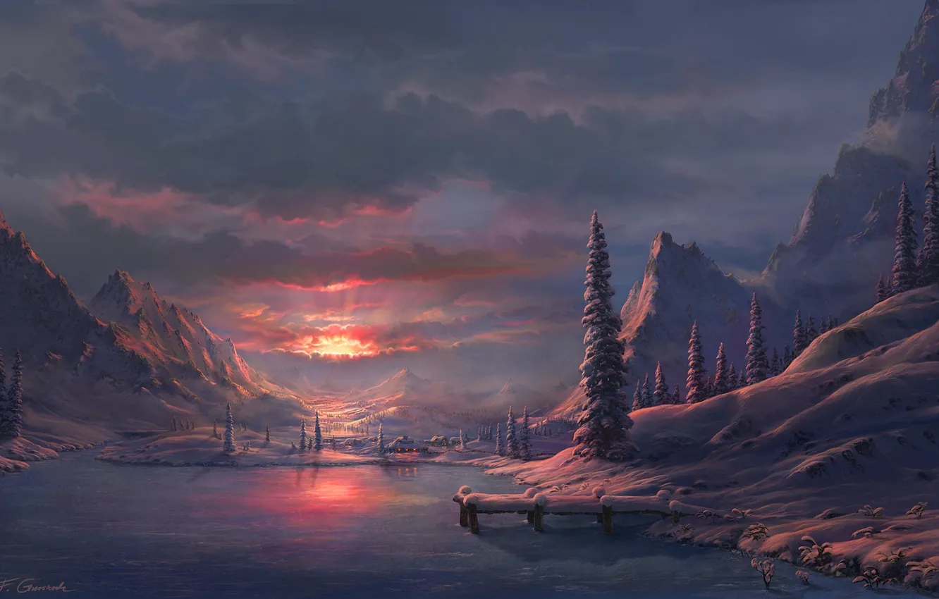 Photo wallpaper winter, mountains, lake, dawn, art, Fel-X