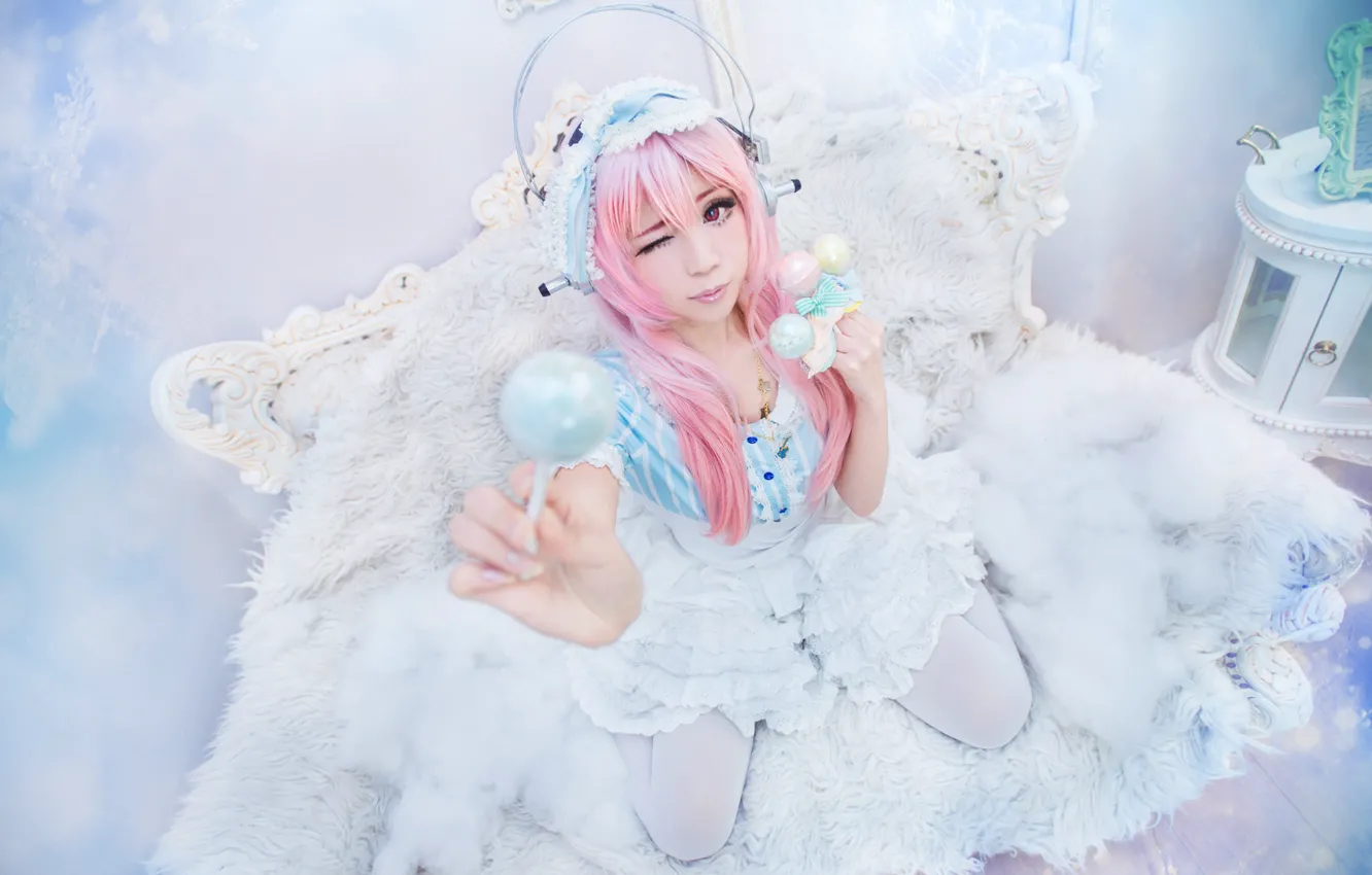 Photo wallpaper girl, dress, candy, lollipops, fur, image, Asian, light background