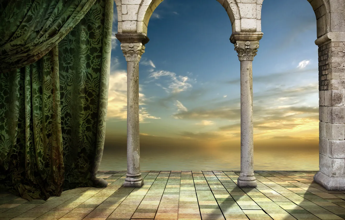 Photo wallpaper the sky, arch, columns, curtains