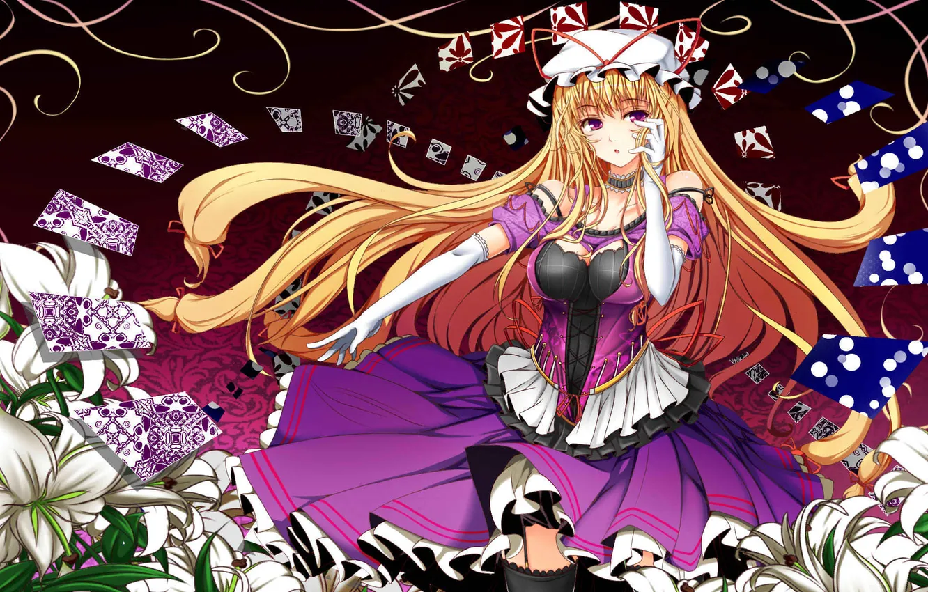 Photo wallpaper girl, flowers, Lily, map, stockings, dress, art, touhou