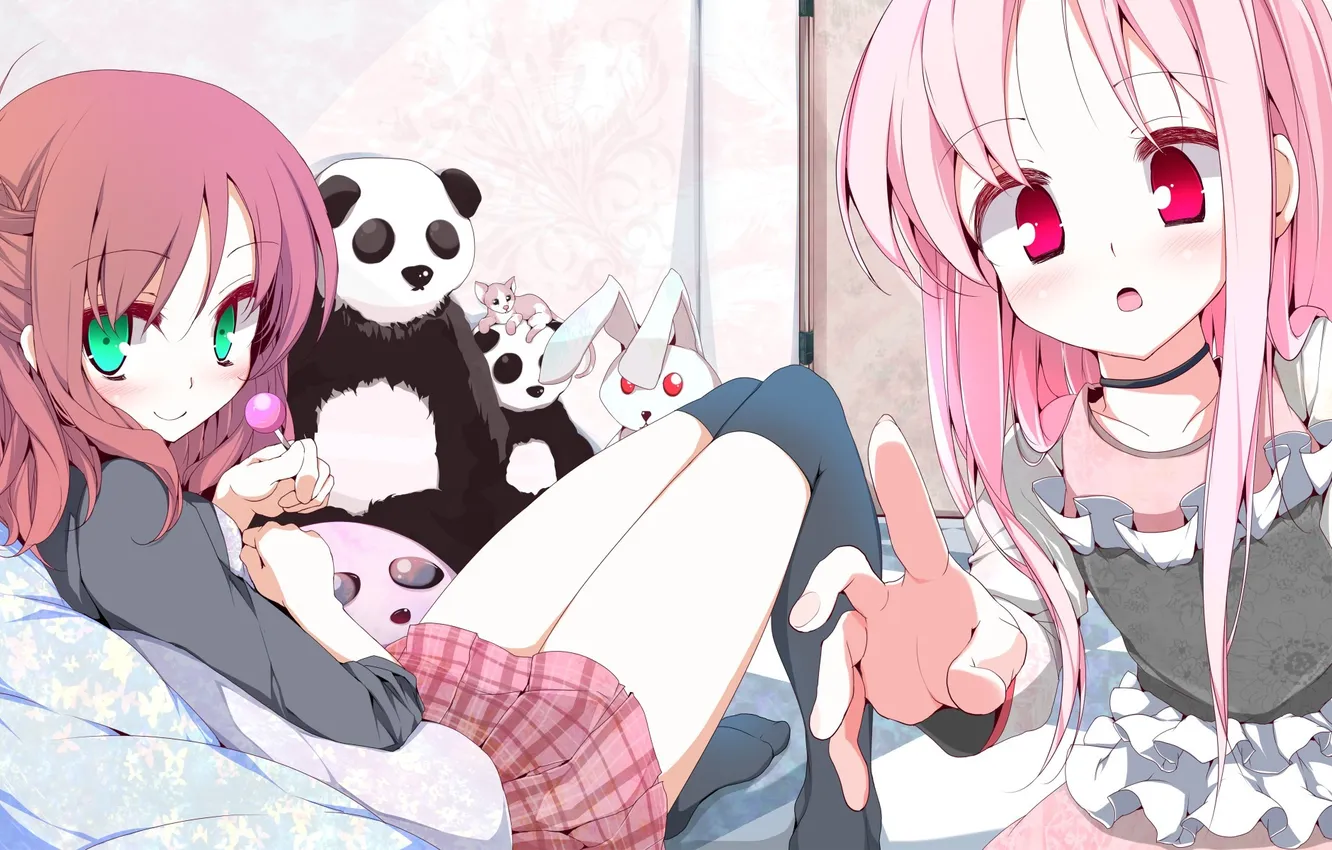 Photo wallpaper cat, girl, toy, skirt, anime, rabbit, Panda, lollipops
