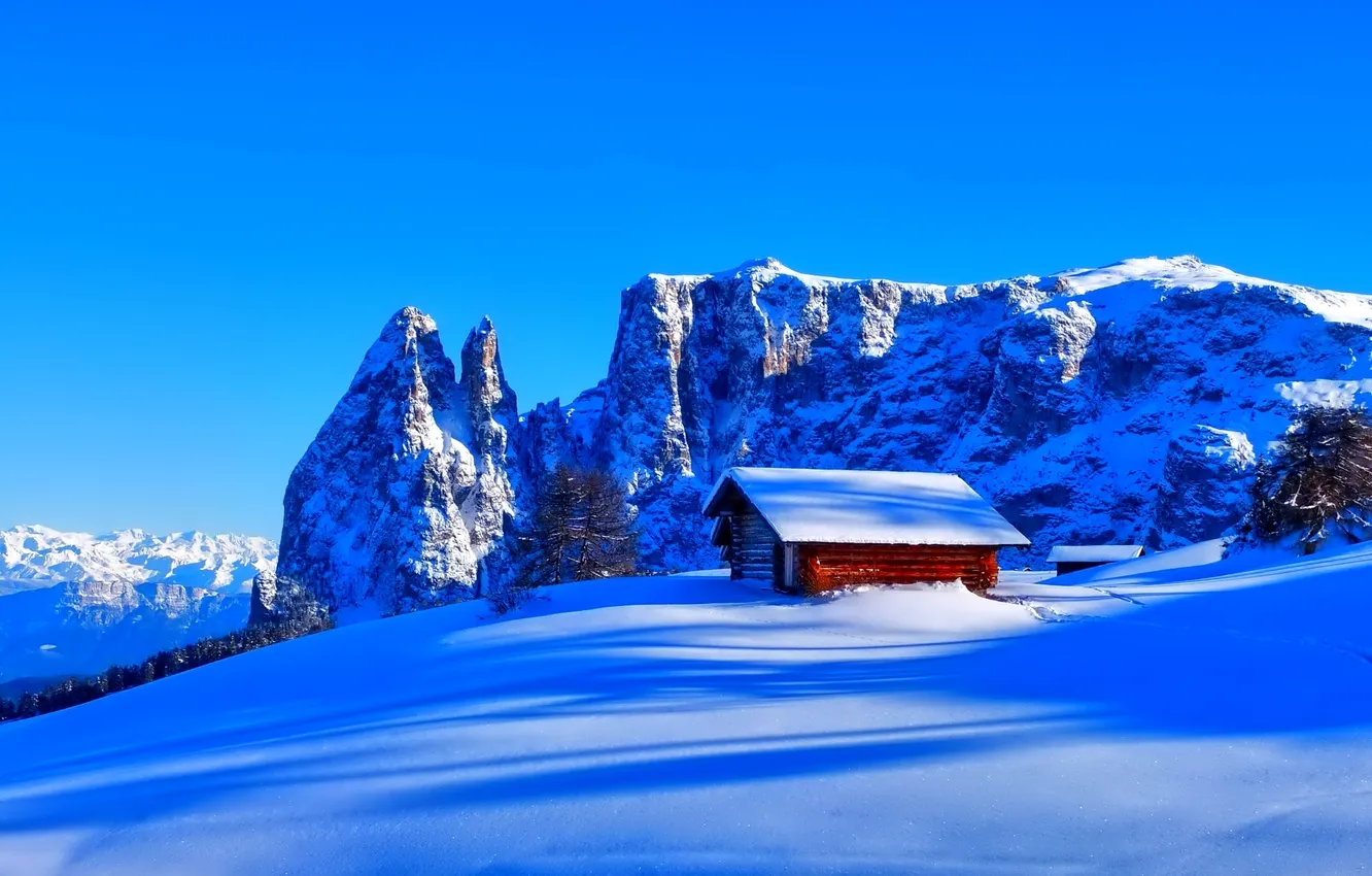 Photo wallpaper winter, the sky, snow, trees, mountains, home, house